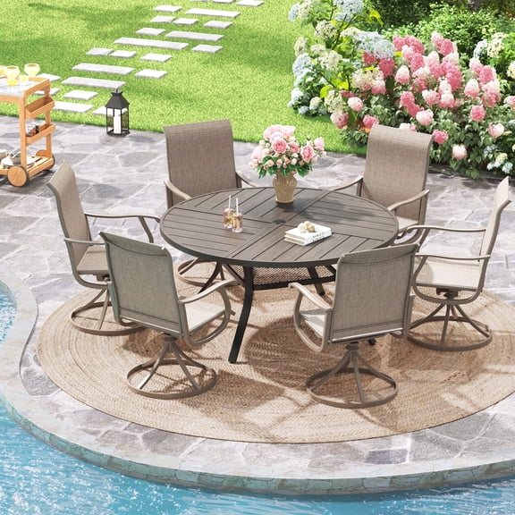 Vicllax 7-Piece Outdoor Patio Dining Set Metal Frame Swivel Chairs & Round Table with Umbrella Hole