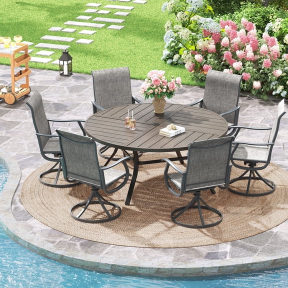 Vicllax 7-Piece Outdoor Patio Dining Set Metal Frame Swivel Chairs & Round Table with Umbrella Hole