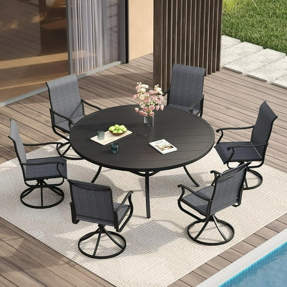 Vicllax 7-Piece Outdoor Patio Dining Set Metal Swivel Chairs & Round Steel Table with Umbrella Hole