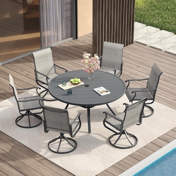 Vicllax 7-Piece Outdoor Patio Dining Set Metal Swivel Chairs & Round Steel Table with Umbrella Hole
