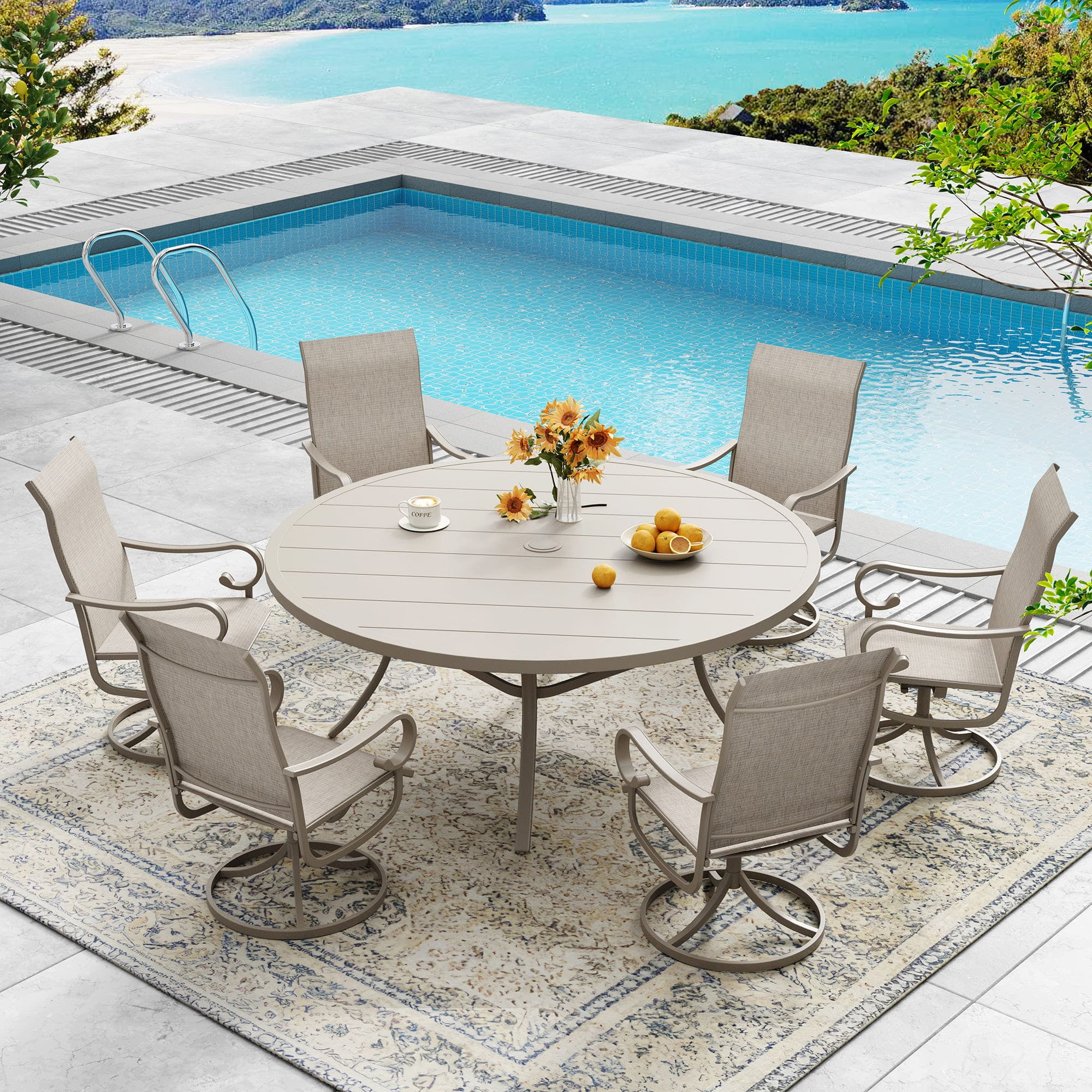 Vicllax 7-Piece Outdoor Patio Dining Set Metal Swivel Chairs & Round Steel Table with Umbrella Hole