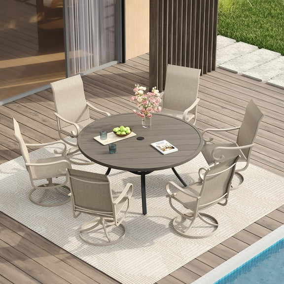 Vicllax 7-Piece Outdoor Patio Dining Set Metal Swivel Chairs & Round Steel Table with Umbrella Hole