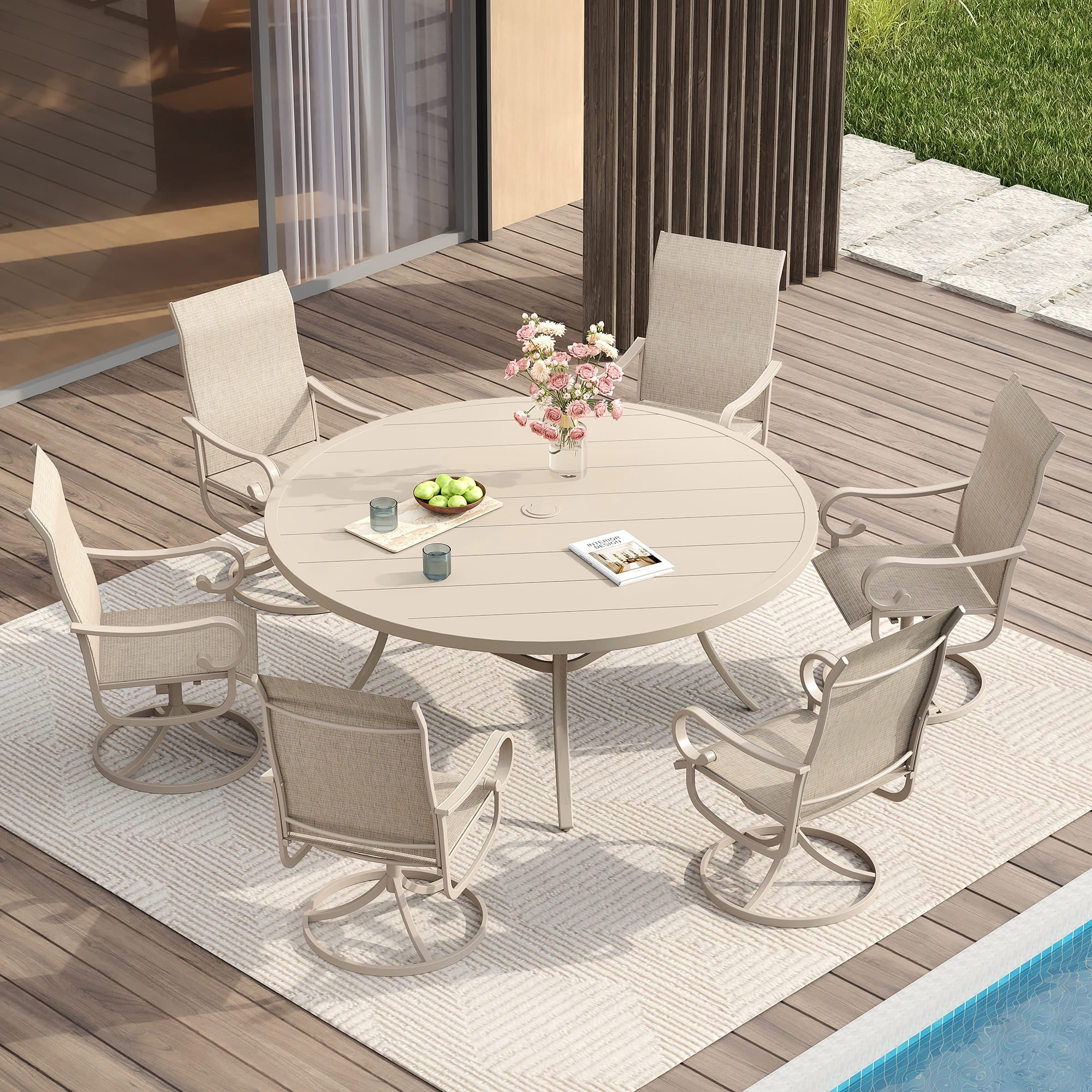 Vicllax 7-Piece Outdoor Patio Dining Set Metal Swivel Chairs & Round Steel Table with Umbrella Hole
