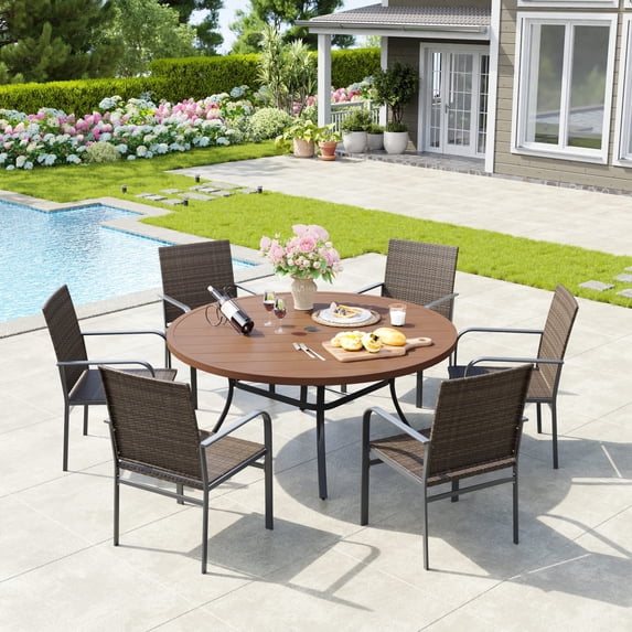 Vicllax 7-Piece Outdoor Patio Dining Set Wicker Rattan Chairs with Metal Frame and Steel Round Table