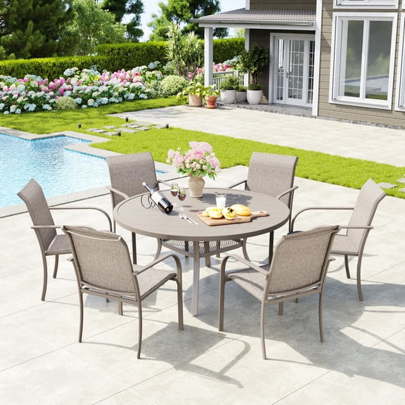 Vicllax 7-Piece Round Outdoor Patio Dining Furniture Set Table and Chair Metal Frame, Umbrella Hole