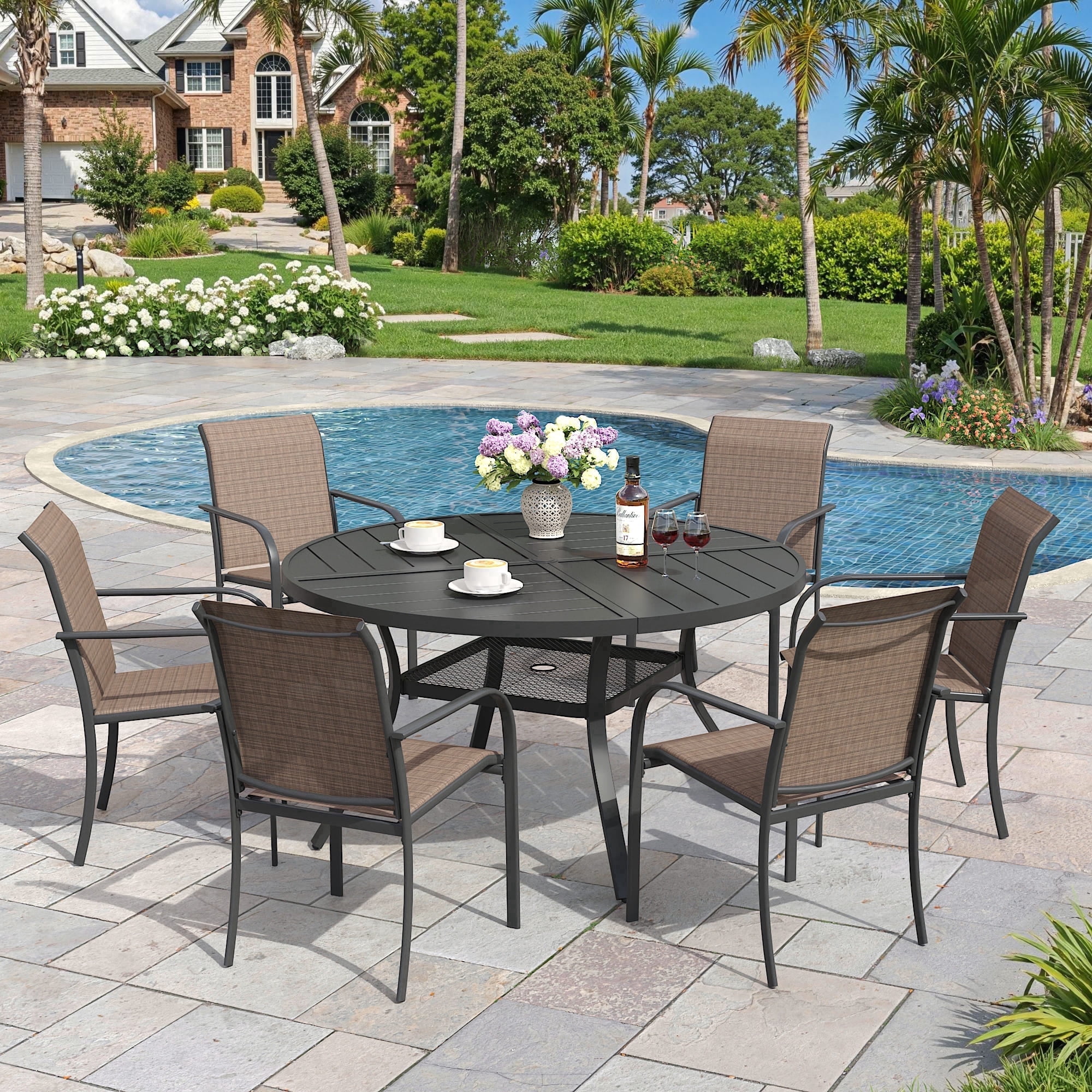 Vicllax 7-Piece Round Outdoor Patio Dining Furniture Set Table and Chair Metal Frame for Porch Deck