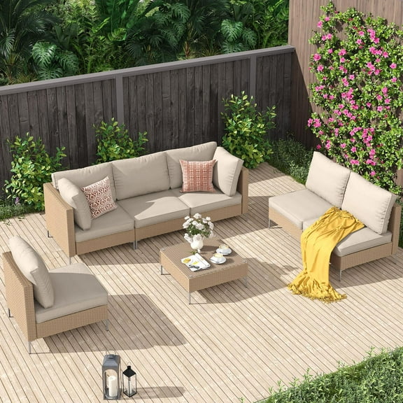 Vicllax 7 Piece Wicker Patio Furniture Set, Boho Outdoor Conversation Set Sectional Sofa, Yellow