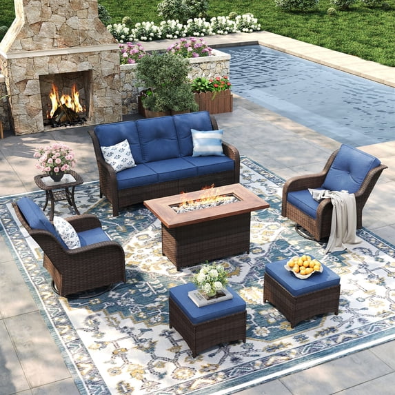 Vicllax 7 Pieces Wicker Patio Furniture Set 5-Seat Outdoor Conversation Set with 42" Fire Pit Table