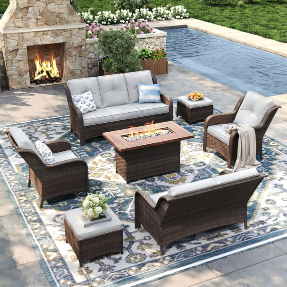 Vicllax 7 Pieces Wicker Patio Furniture Set 7-Seat Outdoor Conversation Set with 42" Fire Pit Table