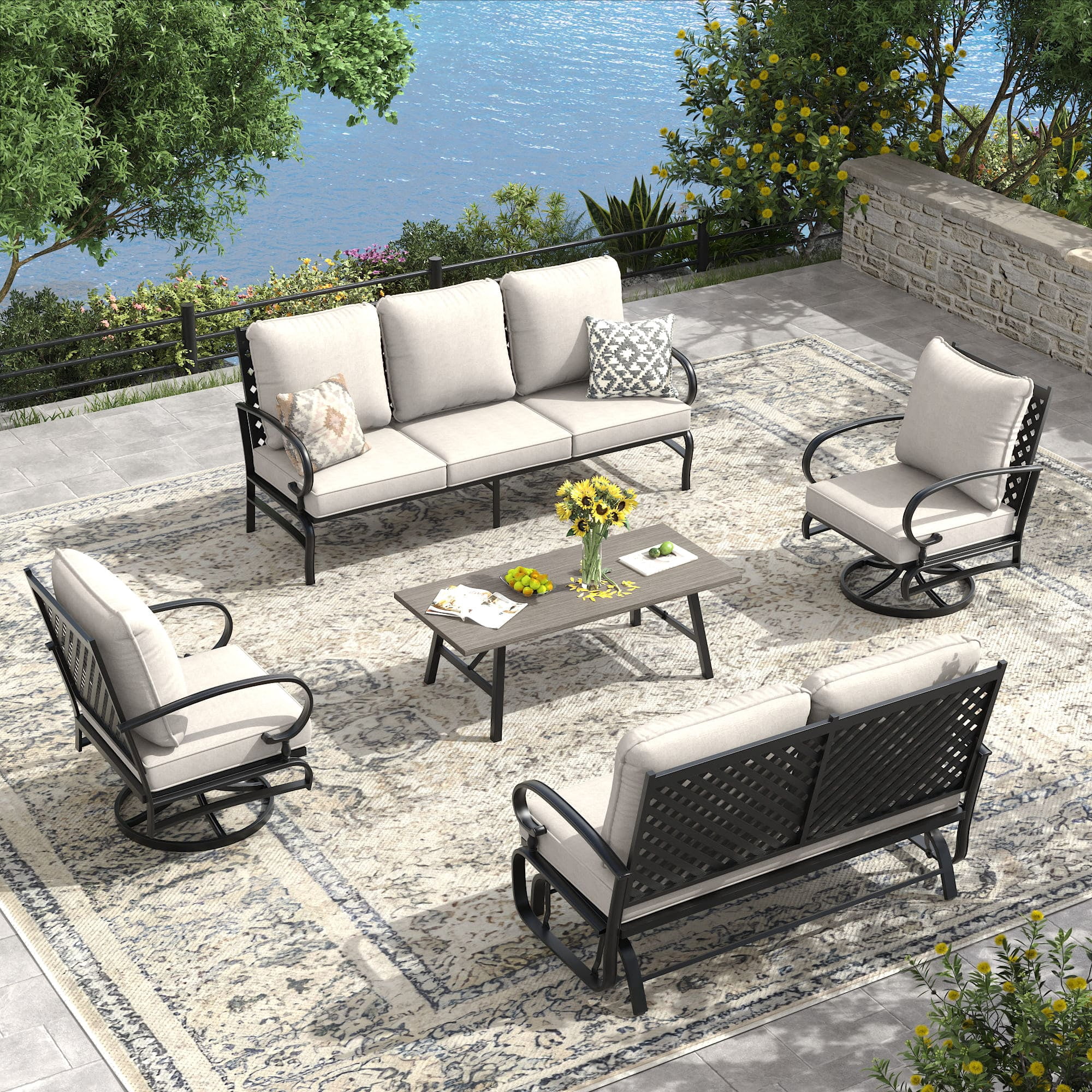 Vicllax 7-Seater Patio Conversation Set Metal Outdoor Furniture Set with Coffee Table, Beige