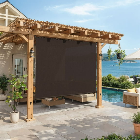 Vicllax 7'Wx8'H Outdoor Roller Shades Blinds for Crank Operation Sun Blocking, Chocolate (Splice)