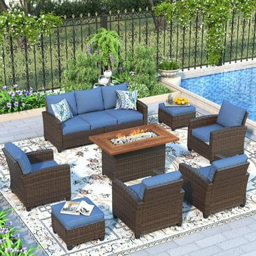 Vicllax 8 Pieces Wicker Patio Furniture Set 7-Seat Outdoor Conversation Set with 42" Fire Pit Table