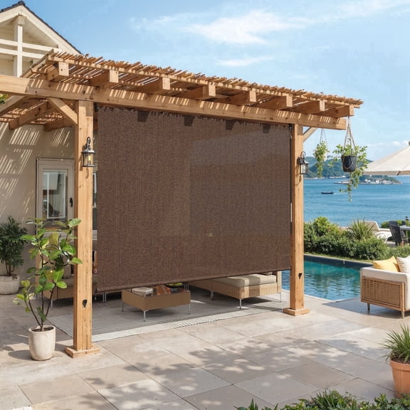 Vicllax 8'Wx8'H Outdoor Roller Shades Blinds for Patio Crank Operation Sun Blocking, Mocha (Splice)
