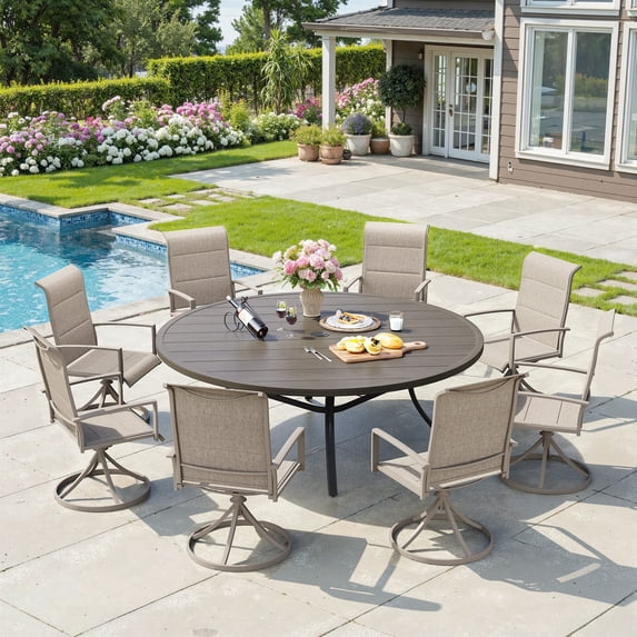 Vicllax 9-Pcs Round Outdoor Patio Dining Set Table and Chair Modern Style Metal for Deck Garden
