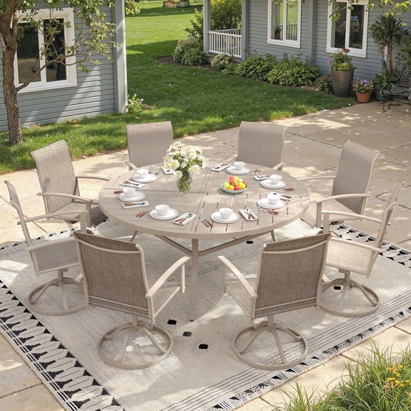 Vicllax 9-Pcs Round Outdoor Patio Dining Set Table and Chair Modern Style Metal, with Umbrella Hole