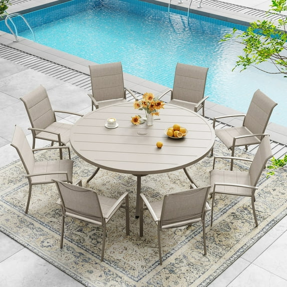 Vicllax 9-Piece Outdoor Patio Dining Set Metal Frame Padded Textilene Chairs & Round Steel Table