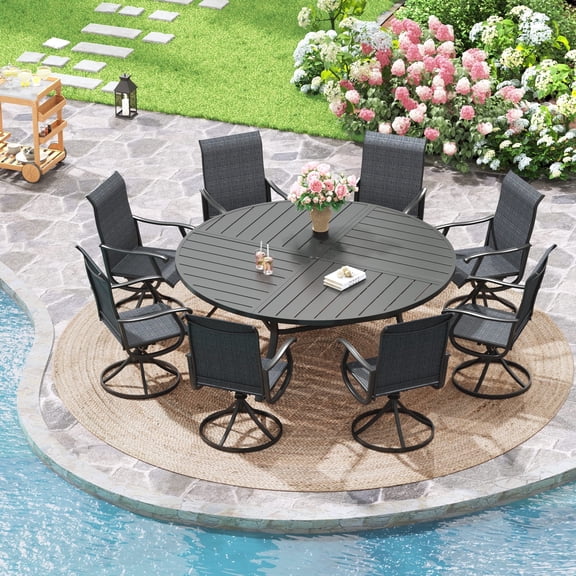 Vicllax 9-Piece Outdoor Patio Dining Set Metal Frame Swivel Chairs & Round Table with Umbrella Hole