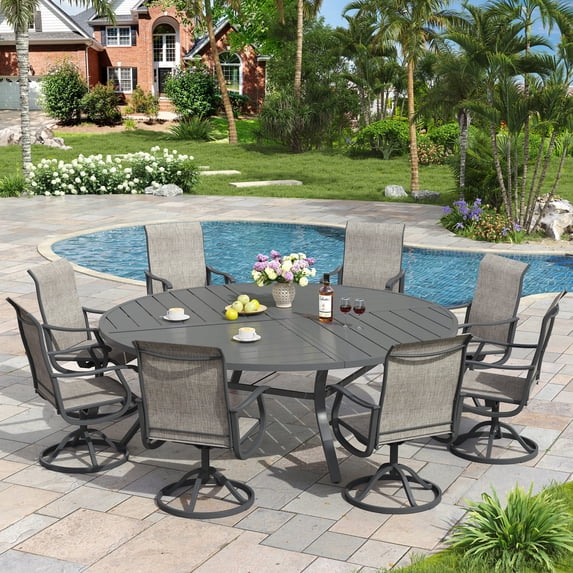 Vicllax 9-Piece Outdoor Patio Dining Set Metal Frame Swivel Chairs & Round Table with Umbrella Hole