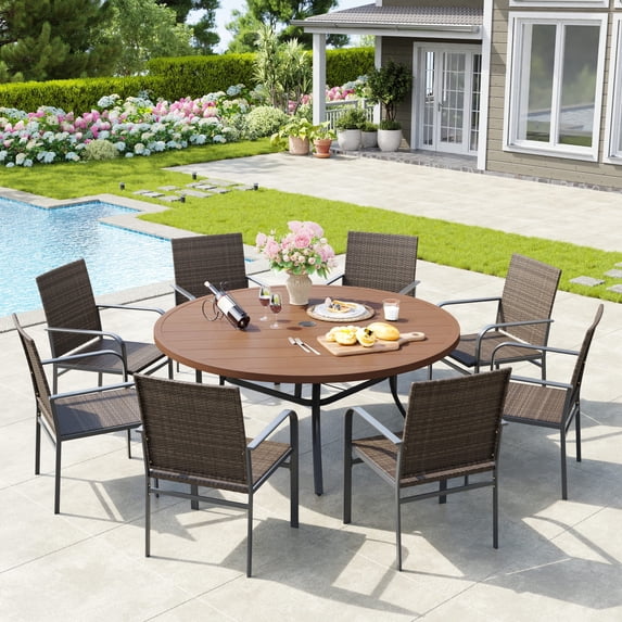 Vicllax 9-Piece Outdoor Patio Dining Set Wicker Rattan Chairs with Metal Frame and Steel Round Table