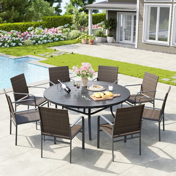 Vicllax 9-Piece Outdoor Patio Dining Set Wicker Rattan Chairs with Metal Frame and Steel Round Table