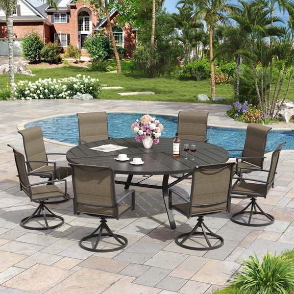Vicllax 9-Piece Outdoor Patio Dining Table Set, Metal, 8 Padded Swivel Chairs with Textilene Fabric