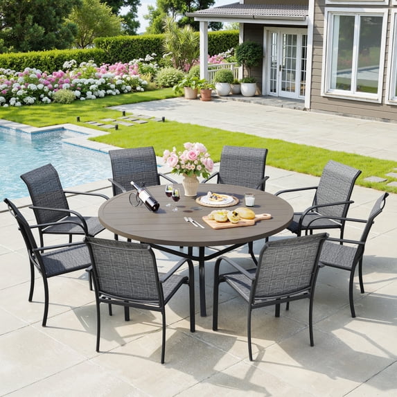 Vicllax 9-Piece Round Outdoor Patio Dining Furniture Set Table and Chair Metal Frame, Umbrella Hole
