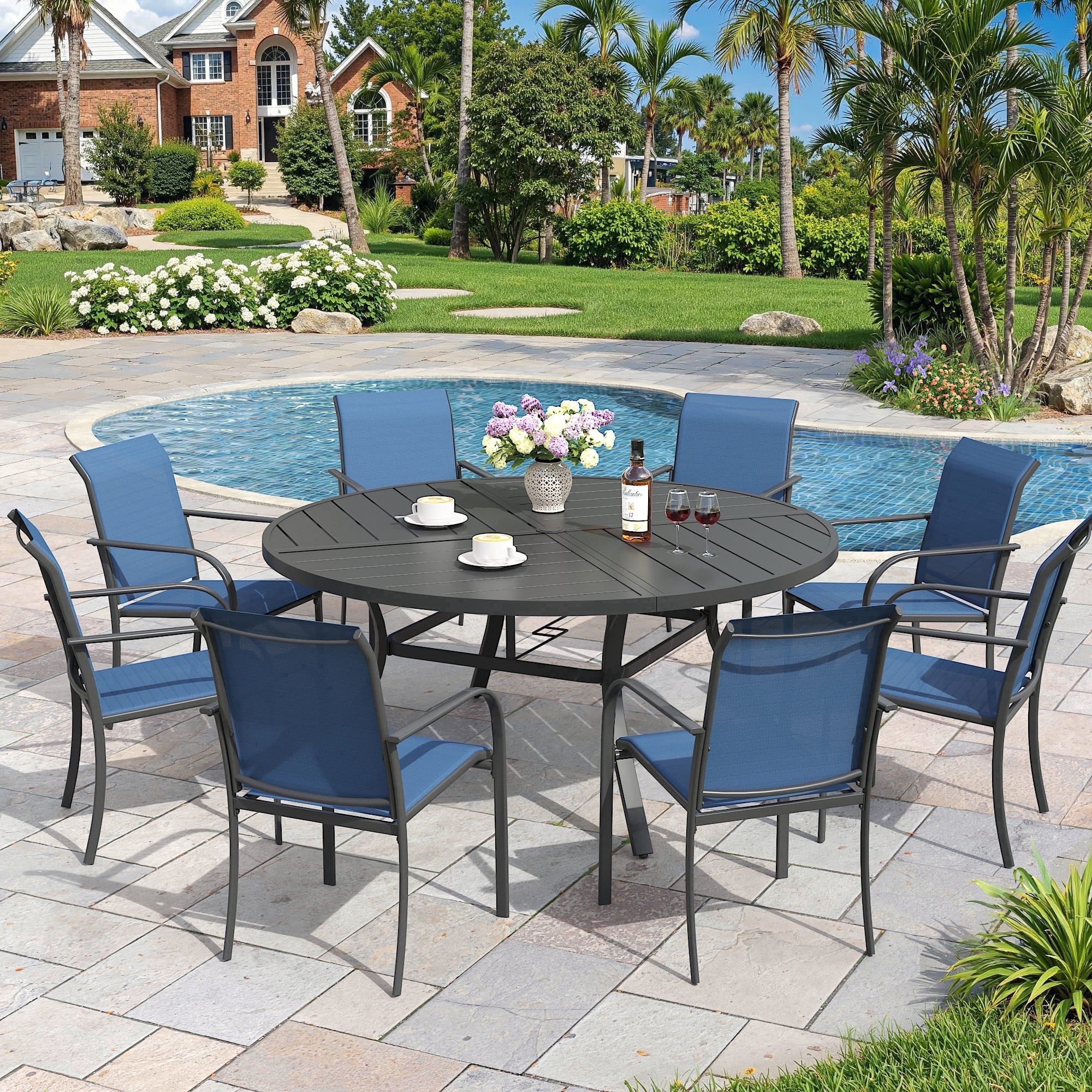 Vicllax 9-Piece Round Outdoor Patio Dining Furniture Set Table and Chair Metal Frame for Porch Deck