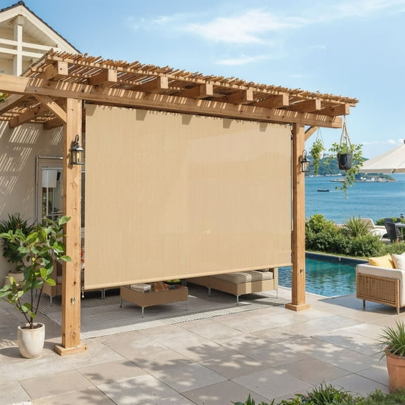 Vicllax 9'Wx8'H Outdoor Roller Shades Blinds for Patio Porch Crank Operation Sun Blocking, Wheat