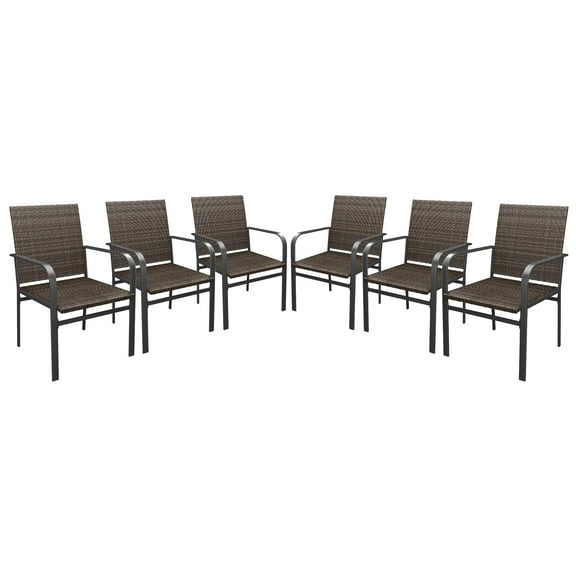 Vicllax Outdoor Dining Chair Patio Wicker Chairs Metal Frame for Deck Garden, Set of 6, Brown Rattan