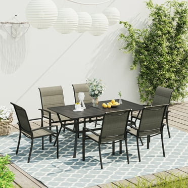 Vicllax Outdoor Dining Set Padded Stackable Chairs Modern Style Metal 59.2"Lx37.8"Wx28.3"H (7 Pcs)