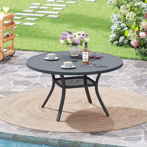 Vicllax Outdoor Outside Patio Dining Table, 41" Round Metal Table with Umbrella Hole for Deck, Gray