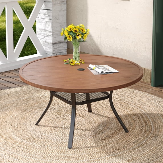 Vicllax Outdoor Outside Patio Dining Table 47" Round Metal Table with Umbrella Hole for Deck, Walnut