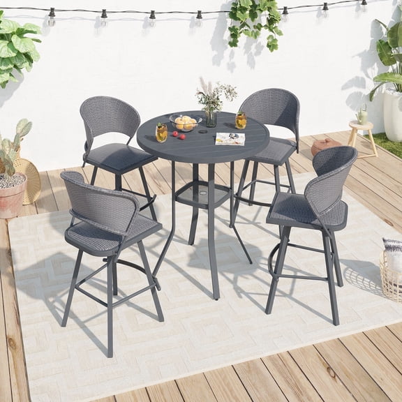 Vicllax 5 Piece Outdoor Bistro Sets,Outdoor Bar Set with 35" Round Bar Table & Rattan Swivel Bar Stools, Modern Patio Furniture for Garden Balcony Yard, Gray&Gray