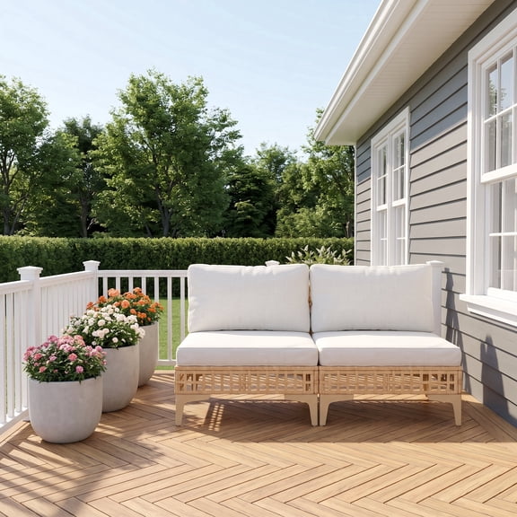 Vicllax 2 Pieces Wicker Outdoor Patio Conversation Set, No-Arm Sectional Sofa with Cushions for Garden, Yellow