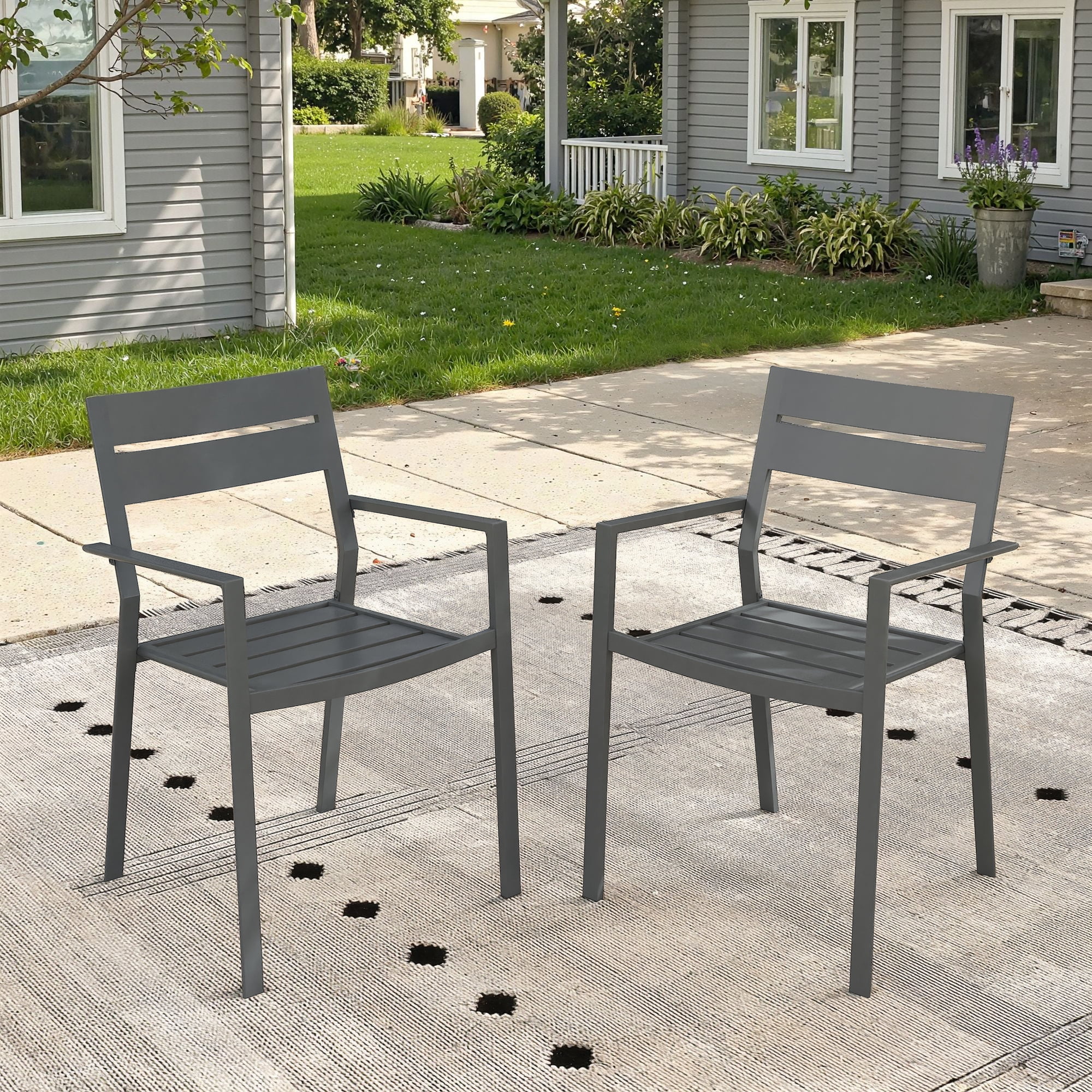 Vicllax Outdoor Patio Dining Chairs Set of 2, Stackable metal chairs with All-Weather Steel Metal Frame for Yard Deck Poolside Porch, Gray
