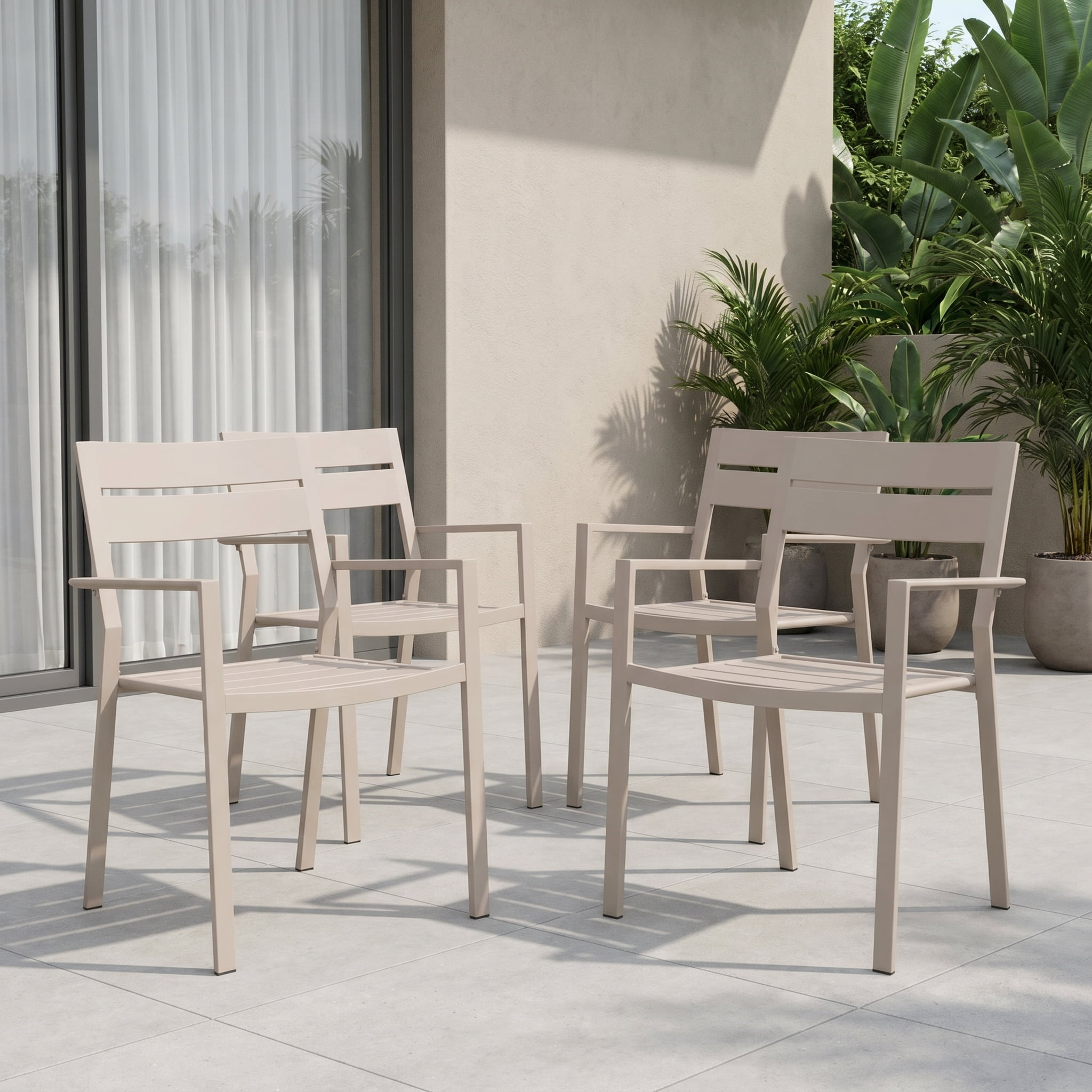Vicllax Outdoor Patio Dining Chairs Set of 4, Stackable metal chairs with All-Weather Steel Metal Frame for Yard Deck Poolside Porch, Sandshell