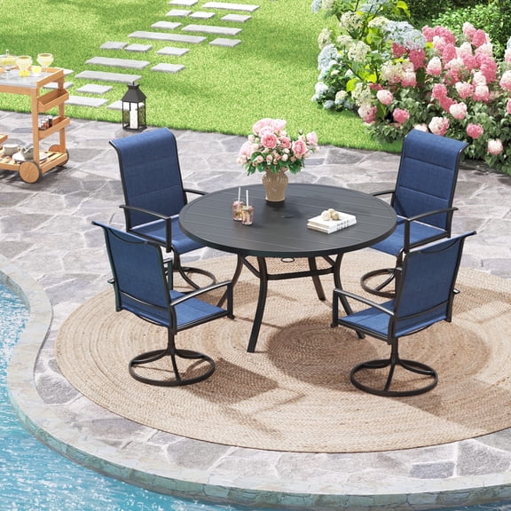 Vicllax 5-Piece Round Patio Dining Set, 41" Round Outdoor Table with Umbrella Hole and 4 Padded Swivel Chairs for Lawn, Garden, Black & Blue