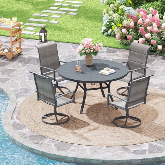 Vicllax 5-Piece Round Patio Dining Set, 41" Round Outdoor Table with Umbrella Hole and 4 Padded Swivel Chairs for Lawn, Garden, Gray & Gray