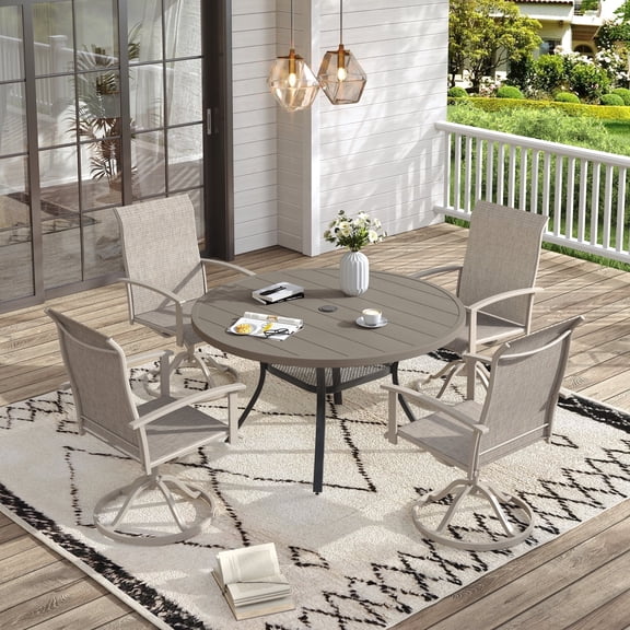 Vicllax 5-Piece Outdoor Patio Dining Set, 41-Inch Round Outdoor Table with Umbrella Hole and 4 Swivel Patio Chairs, Outdoor Furniture for Backyard, Garden, Deck & Porch