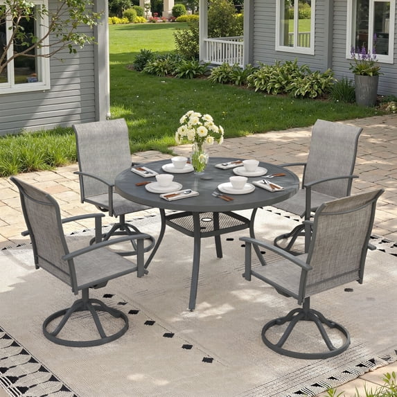 Vicllax 5-Piece Outdoor Patio Dining Set, 41-Inch Round Outdoor Table with Umbrella Hole and 4 Swivel Patio Chairs, Outdoor Furniture for Backyard, Garden, Deck & Porch