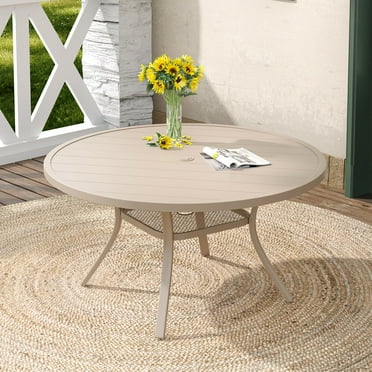 Vicllax Outdoor Patio Dining Table, 47" Round Outdoor Metal Table with Umbrella Hole, Cream