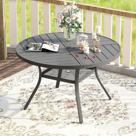 Vicllax Outdoor Patio Dining Table Dia.41" Slatted Tabletop Metal Frame with Umbrella Hole, Gray