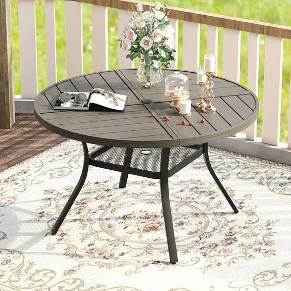 Vicllax Outdoor Patio Dining Table Dia.41" Slatted Tabletop Metal Frame with Umbrella Hole, Graywood
