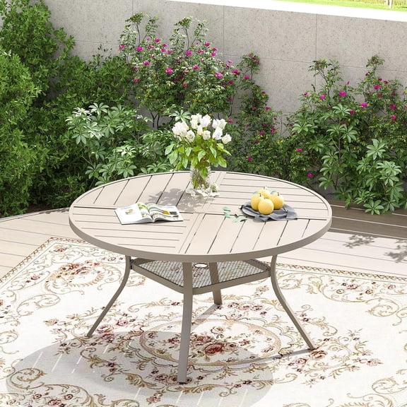 Vicllax Outdoor Patio Dining Table Dia.47" Slatted Tabletop Metal Frame with Umbrella Hole, Cream