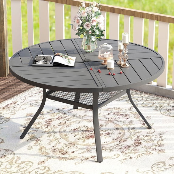 Vicllax Outdoor Patio Dining Table Dia.47" Slatted Tabletop Metal Frame with Umbrella Hole, Gray