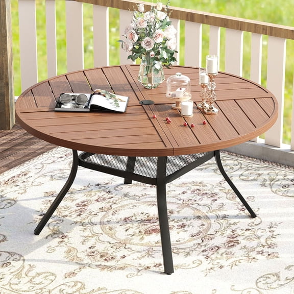 Vicllax Outdoor Patio Dining Table Dia.47" Slatted Tabletop Metal Frame with Umbrella Hole, Walnut