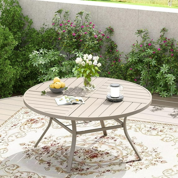 Vicllax Outdoor Patio Dining Table Dia.50" Slatted Tabletop Metal Frame with Umbrella Hole, Cream