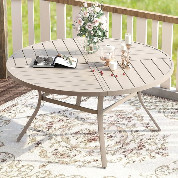 Vicllax Outdoor Patio Dining Table Dia.50" Slatted Tabletop Metal Frame with Umbrella Hole, Sandshell
