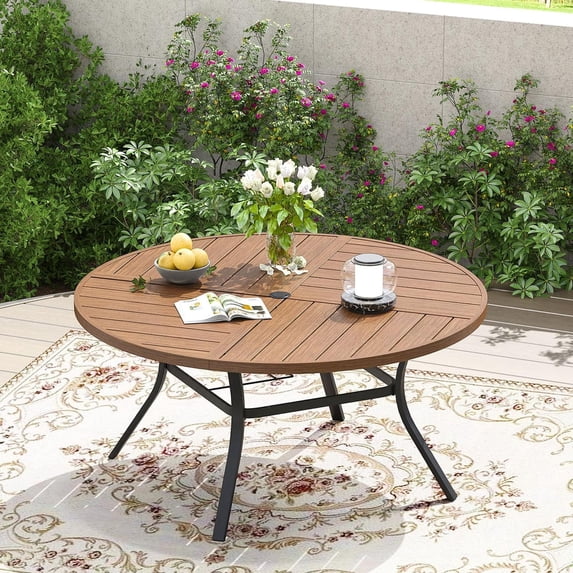 Vicllax Outdoor Patio Dining Table Dia.50" Slatted Tabletop Metal Frame with Umbrella Hole, Walnut