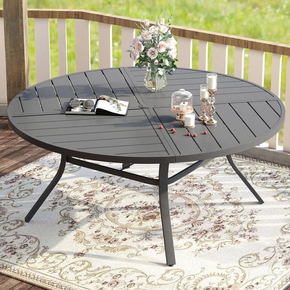 Vicllax Outdoor Patio Dining Table Dia.60" Slatted Tabletop Metal Frame with Umbrella Hole, Gray